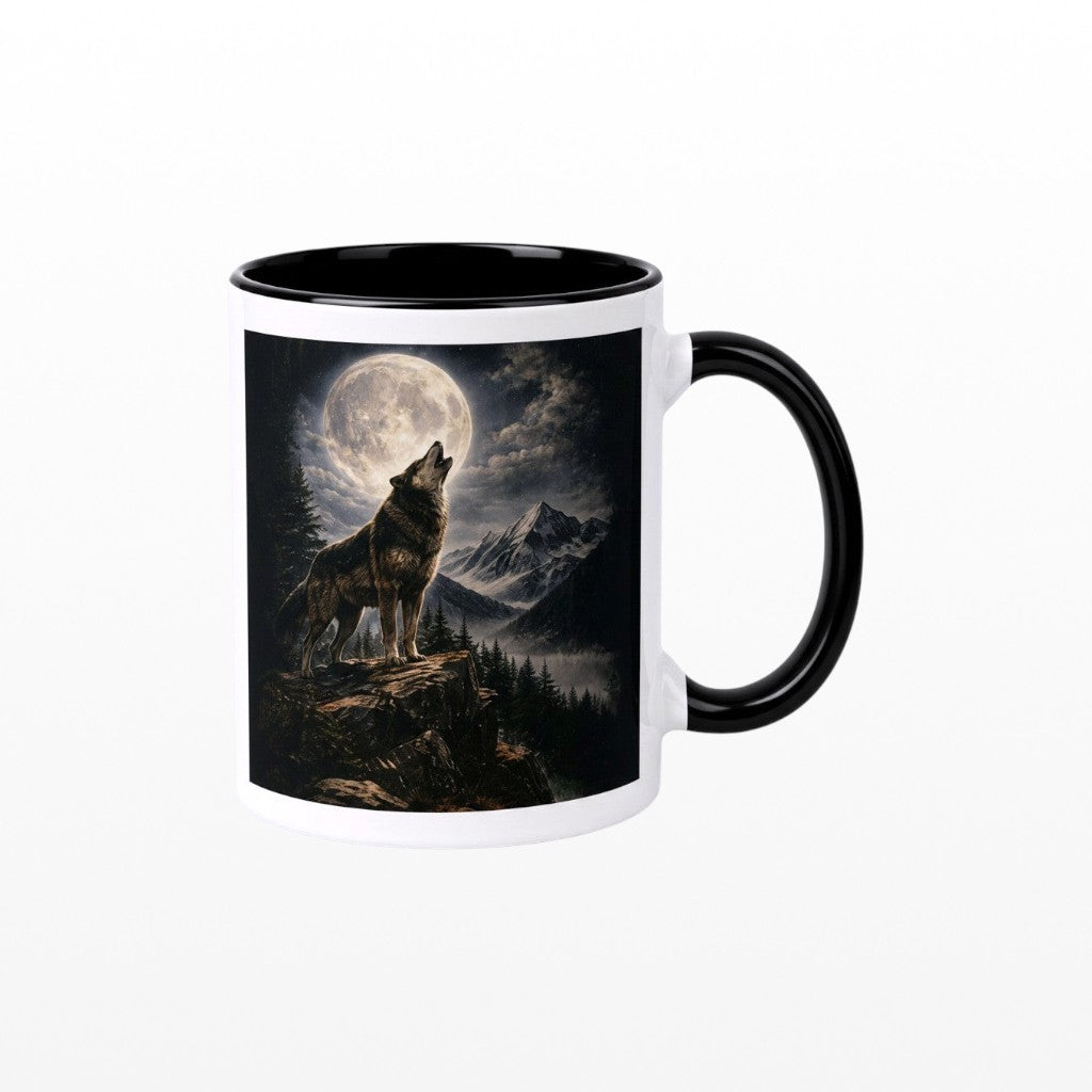 Ceramic mug featuring a howling wolf under a full moon in a mountain forest landscape