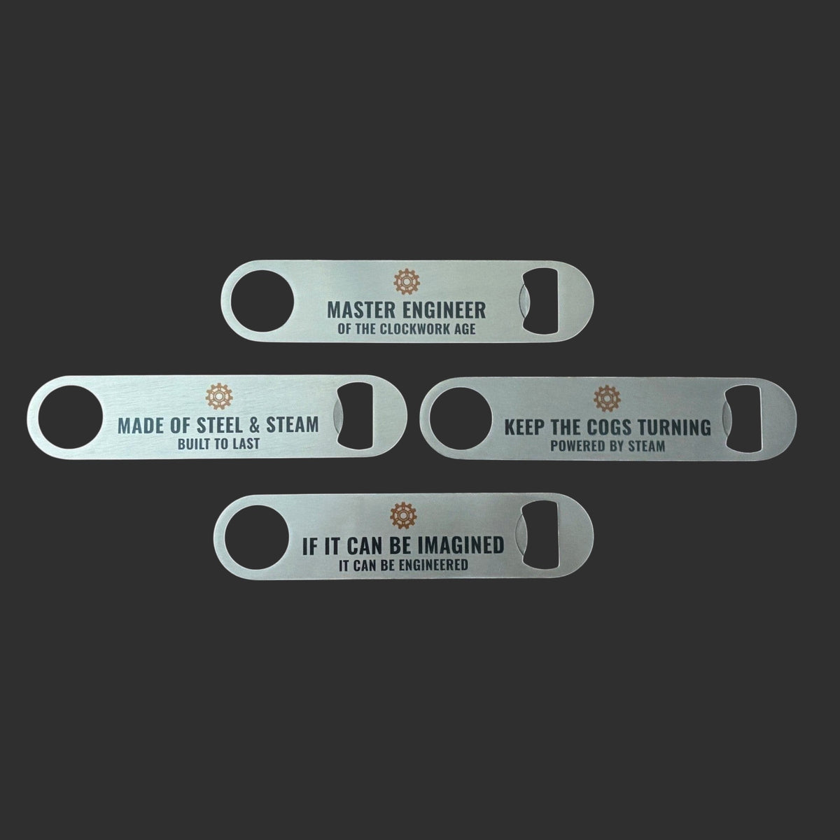 Steampunk bar blade bottle openers with mechanical gear motifs and industrial typography.