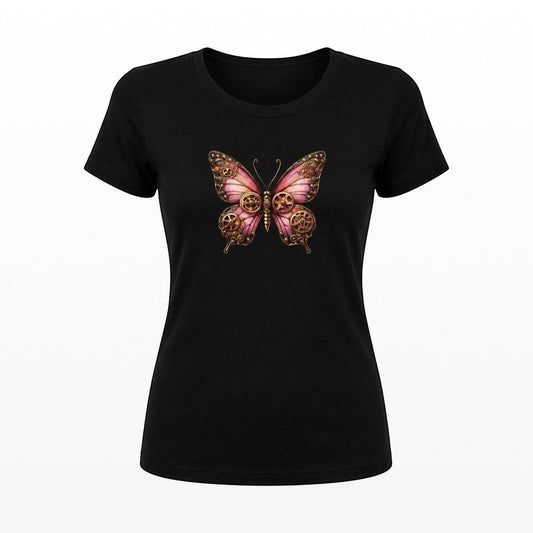Black cotton T-shirt featuring an original pink steampunk butterfly illustration with intricate bronze clockwork detailing.