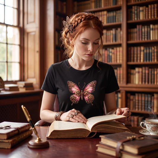 Lifestyle image of a woman wearing a black cotton T-shirt featuring an original pink steampunk butterfly illustration in a library setting.
