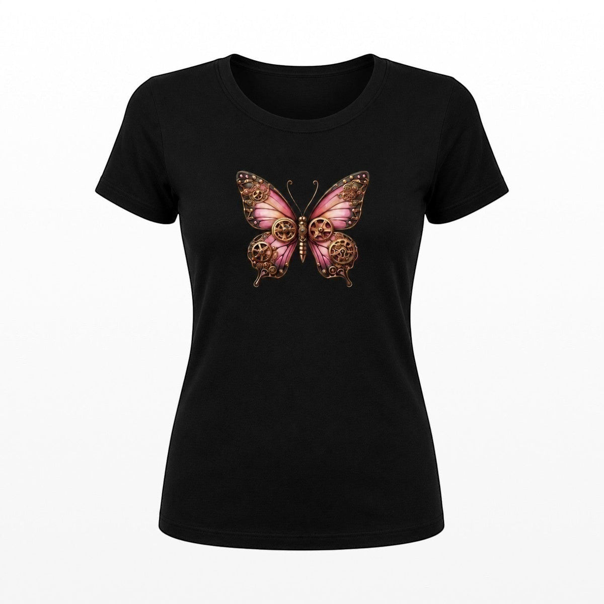 Black fitted women's tee with a detailed pink steampunk butterfly design featuring bronze gears.