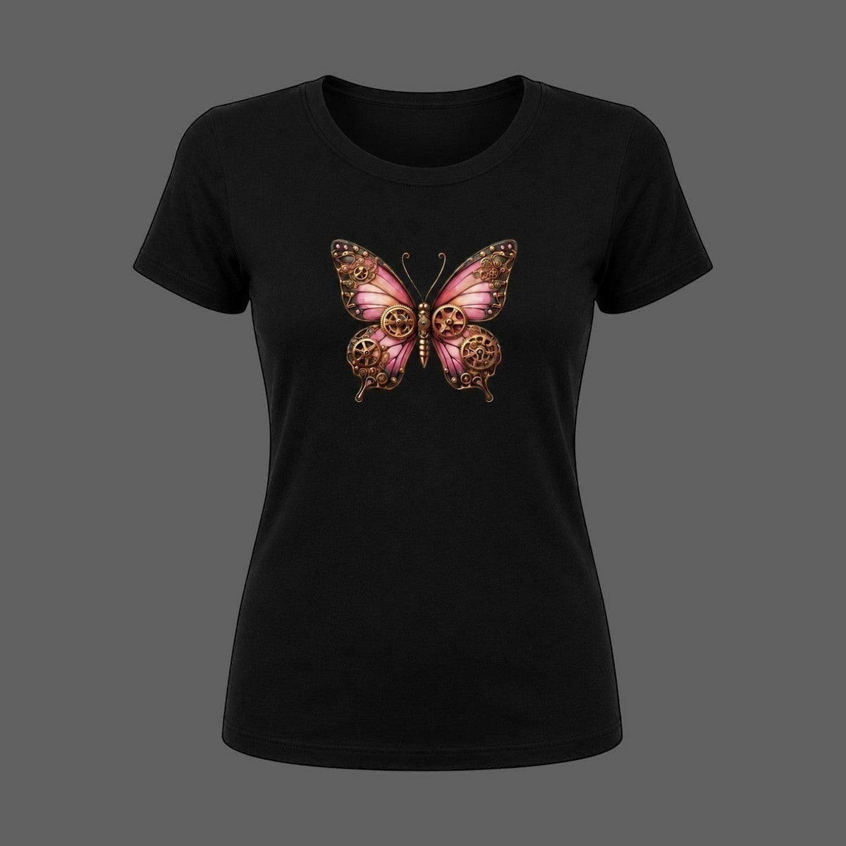 Front view of a black cotton T-shirt printed with an original pink steampunk butterfly illustration featuring bronze gears.