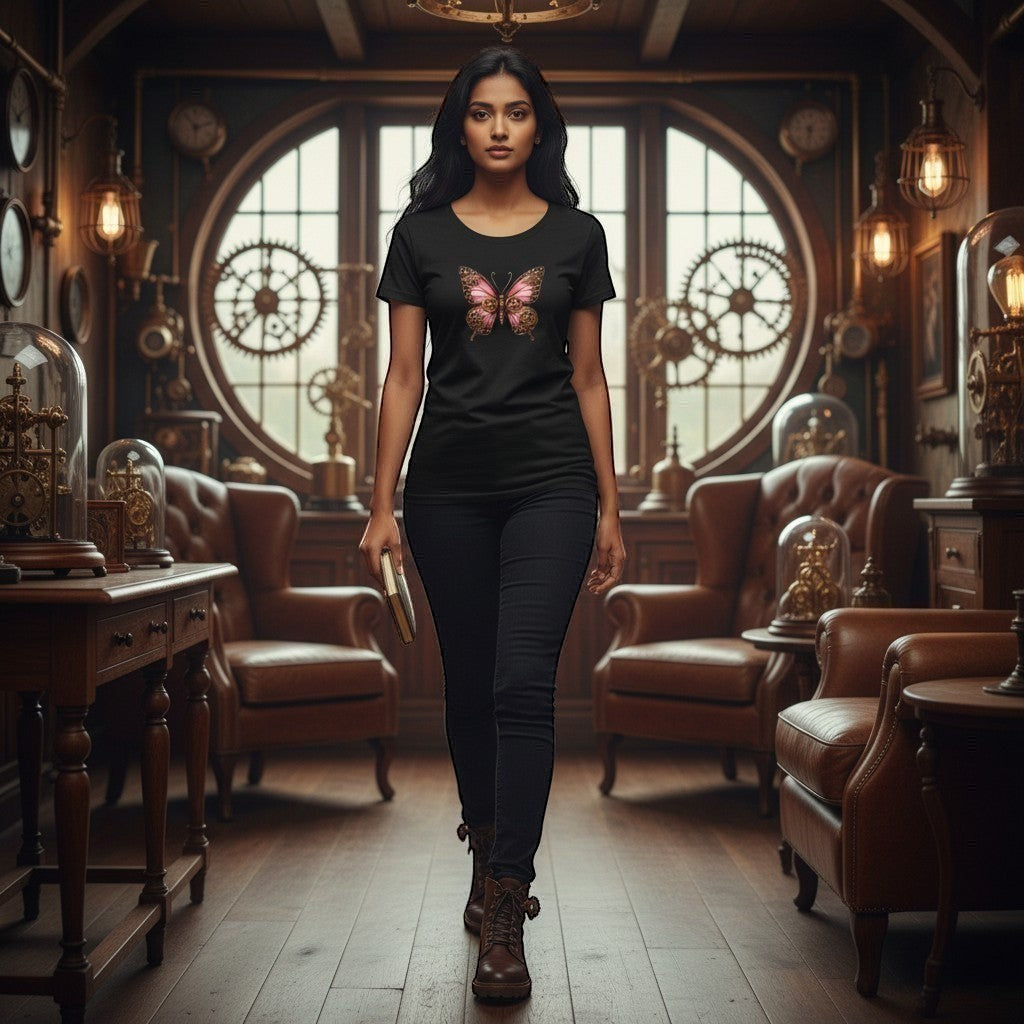 Woman wearing a black cotton T-shirt featuring a pink steampunk butterfly design inside a Victorian-inspired steampunk workshop.