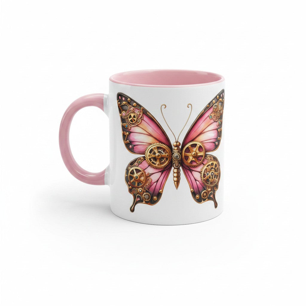 A white ceramic mug with a pink interior and handle, featuring a large steampunk butterfly design on the front with pink wings and gold gears.
