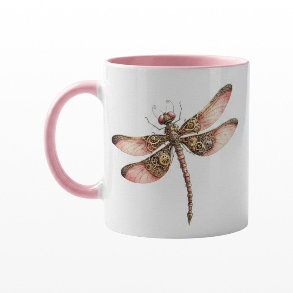 Pink ceramic mug featuring a pink steampunk dragonfly with intricate vintage gear details.
