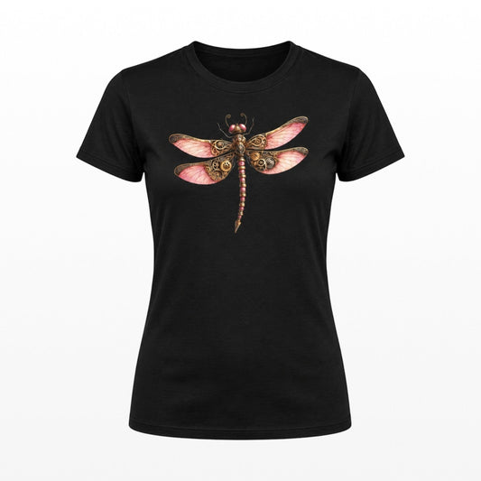 Black women's fitted t-shirt featuring a pink and bronze steampunk dragonfly design with intricate clockwork gears.