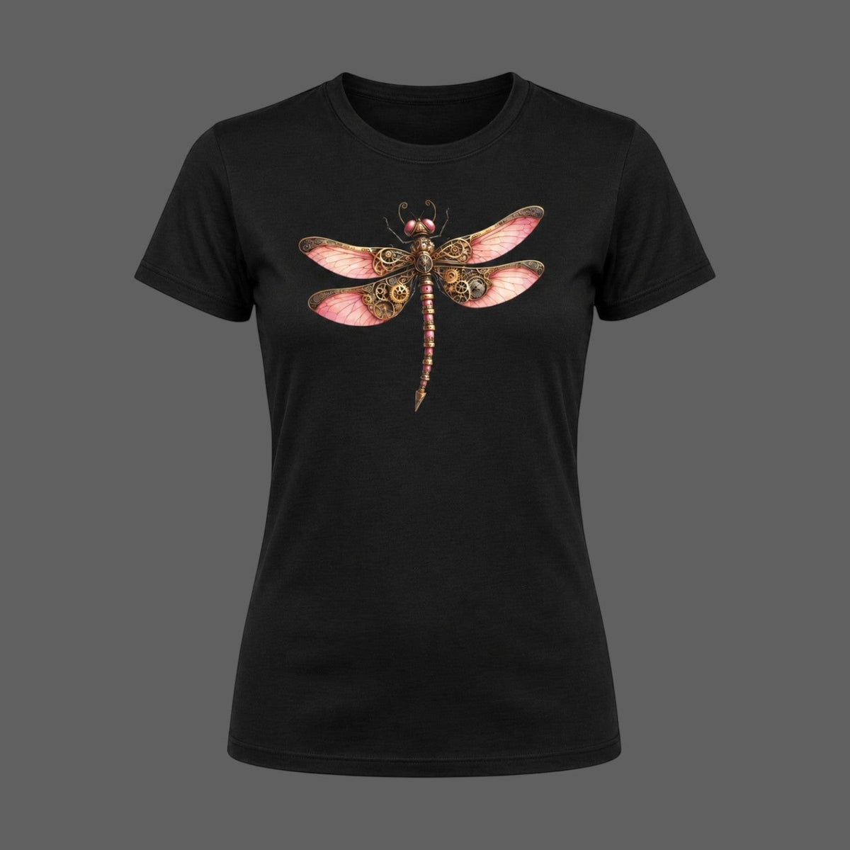 Woman wearing a black women's fitted t-shirt featuring a pink and bronze steampunk dragonfly design in a Victorian-inspired steampunk setting.