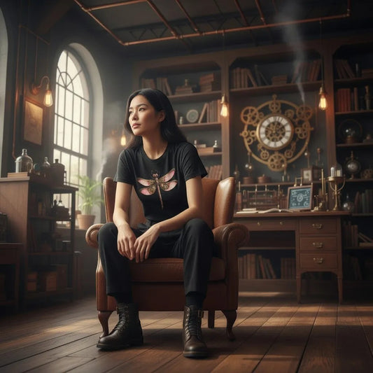 Woman wearing a black women's fitted t-shirt featuring a pink and bronze steampunk dragonfly design in a vintage steampunk study.