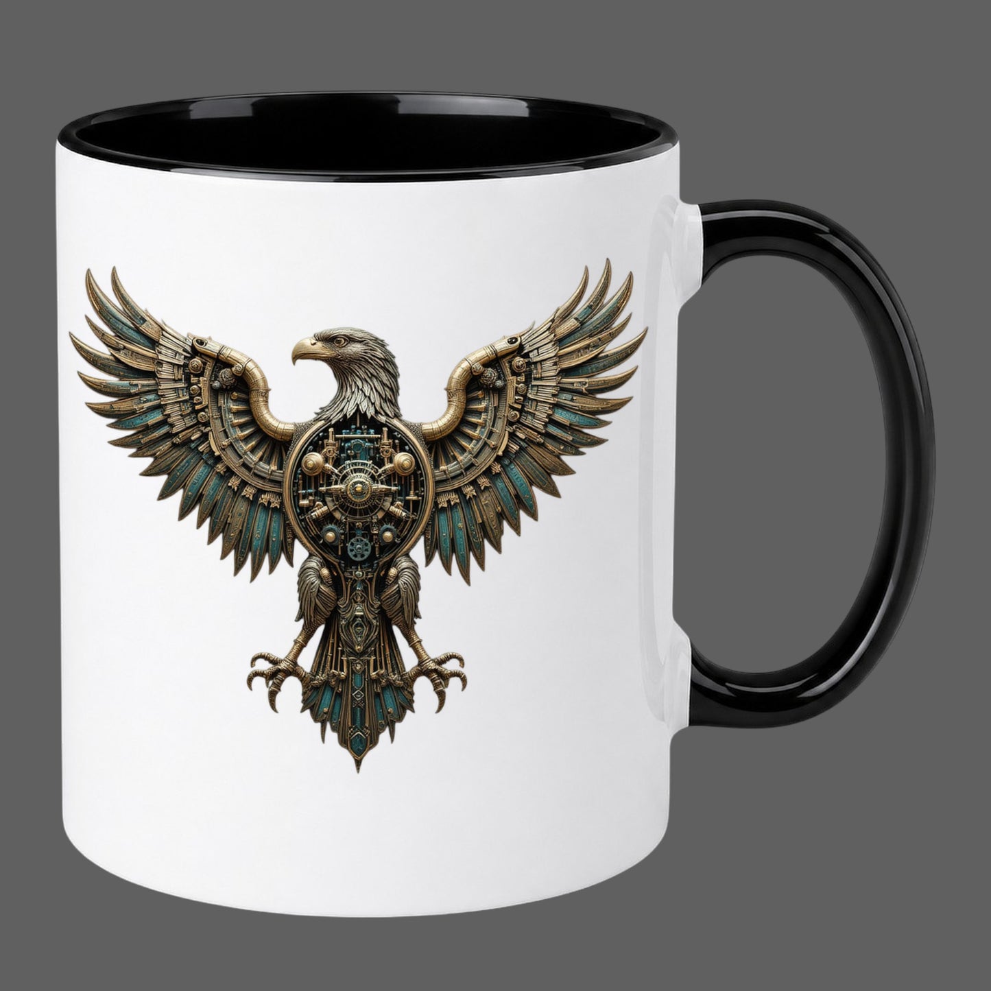 White ceramic mug with black handle featuring a detailed bronze and teal steampunk mechanical eagle design on a grey background