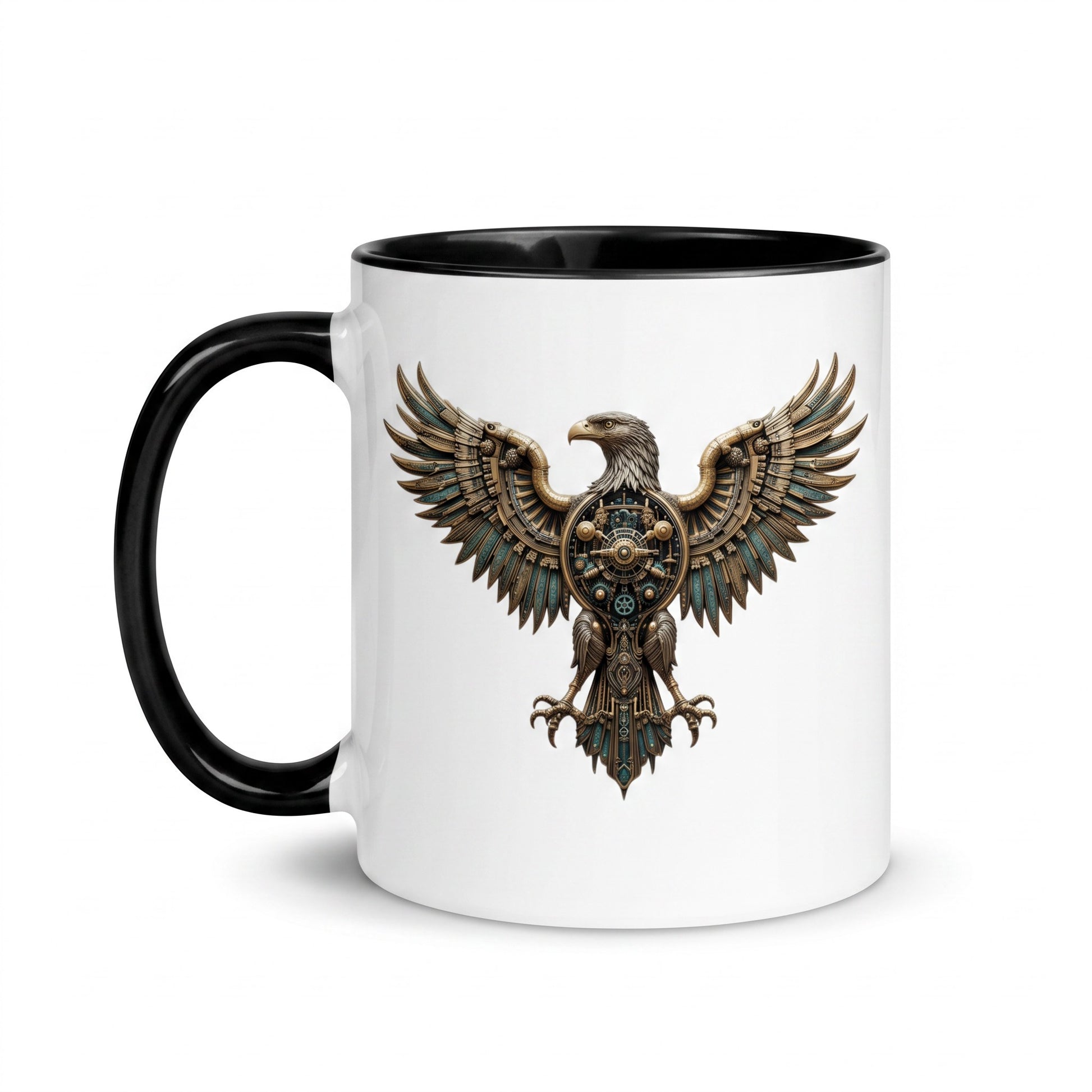 White ceramic mug with a black handle featuring a detailed bronze and teal steampunk mechanical eagle design.