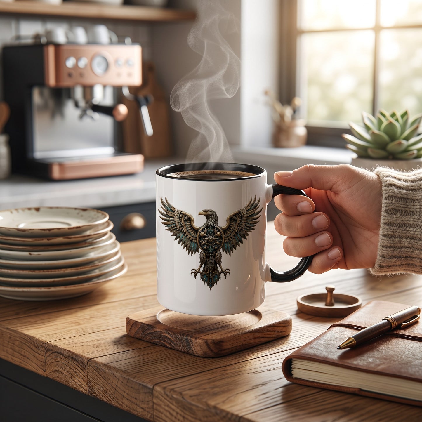 A white ceramic mug with a black handle and rim, featuring a detailed black and gold eagle graphic, sits on a wooden coaster on a wooden table. A hand in a beige knit sweater holds the mug, which has steam rising from it.