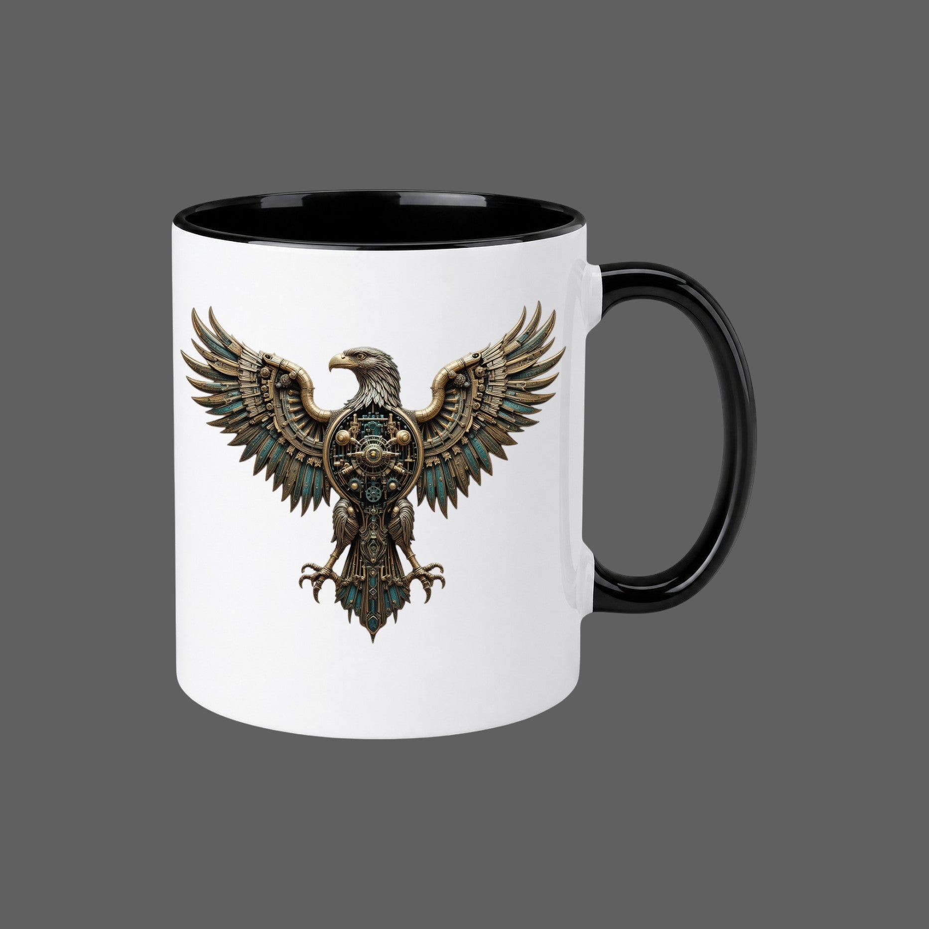 Illustrated Solutions Store ceramic mug with a detailed bronze and teal steampunk mechanical eagle clockwork design.