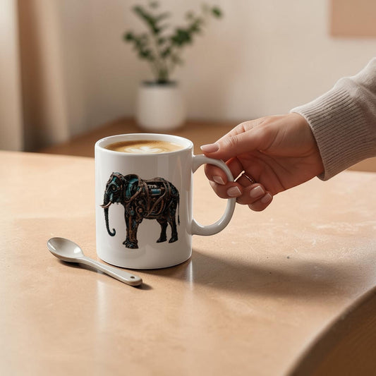 White ceramic mug featuring a detailed steampunk elephant design, held in a cozy kitchen setting.