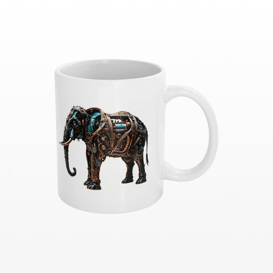 White ceramic mug featuring a detailed mechanical steampunk elephant with industrial bronze gears