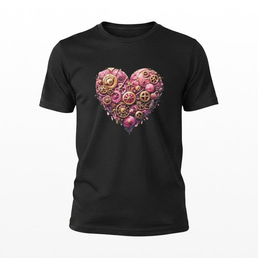 Black unisex t-shirt featuring a pink steampunk heart design made from vintage clockwork gears and cogs.