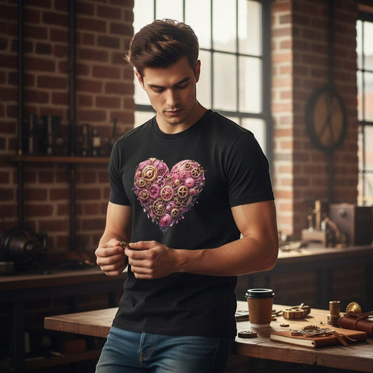 Man wearing a black t-shirt featuring a pink steampunk heart made from vintage gears and clockwork cogs in a workshop setting.