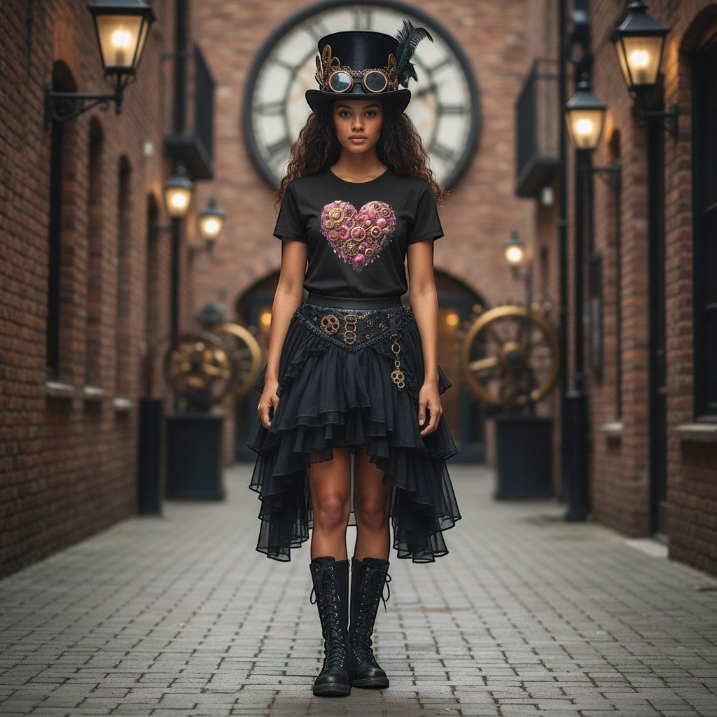 Woman wearing a black t-shirt with a pink steampunk heart design in a Victorian-inspired steampunk street scene.