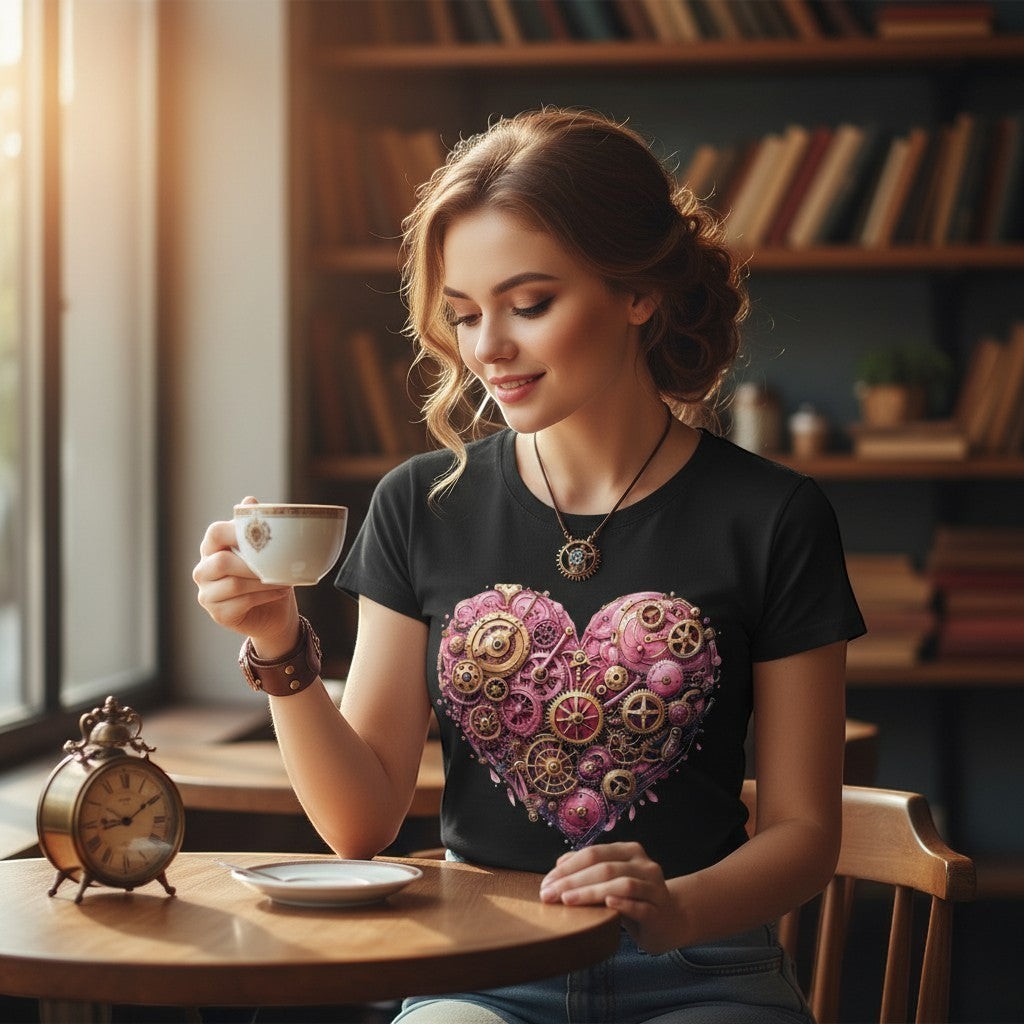 Woman wearing a black t-shirt featuring a pink steampunk heart made from vintage gears and clockwork cogs while enjoying a coffee.