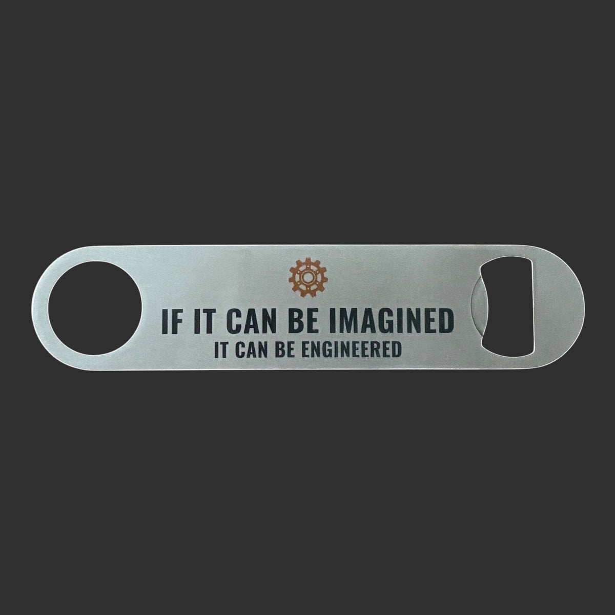 Steampunk bar blade bottle opener with brown gear icon and engineering quote in stainless steel