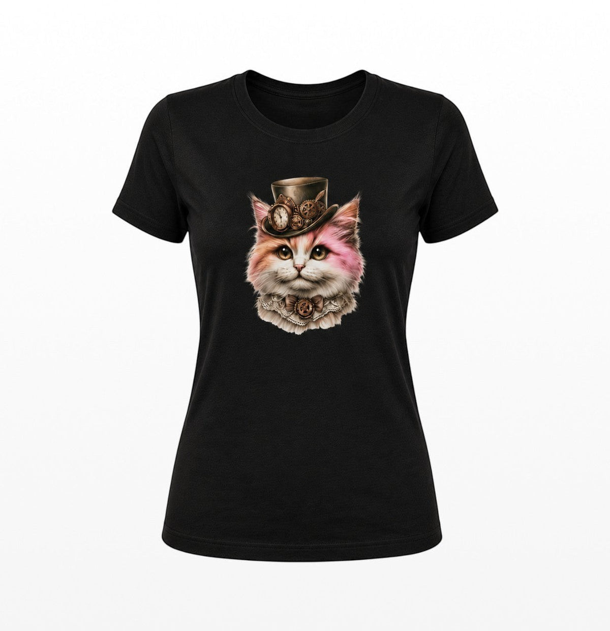 Black fitted women's t-shirt with a pink and white steampunk kitten wearing a vintage top hat with gears and a lace collar.