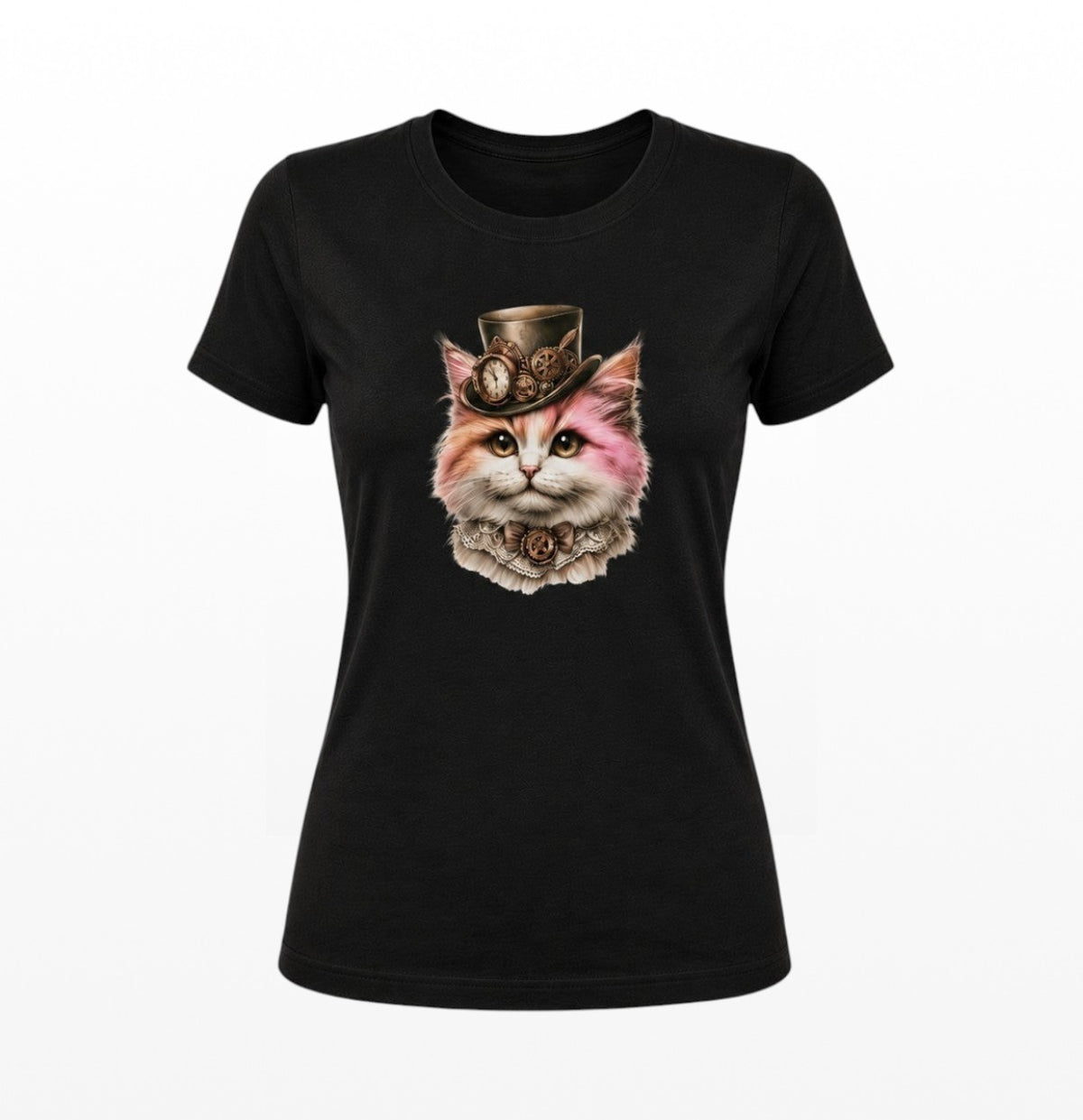 Black fitted women's t-shirt featuring a pink steampunk kitten wearing a vintage top hat with clockwork gears and a lace collar.