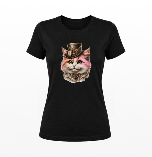 Black fitted women's t-shirt featuring a pink steampunk kitten wearing a vintage top hat with clockwork gears and a lace collar.