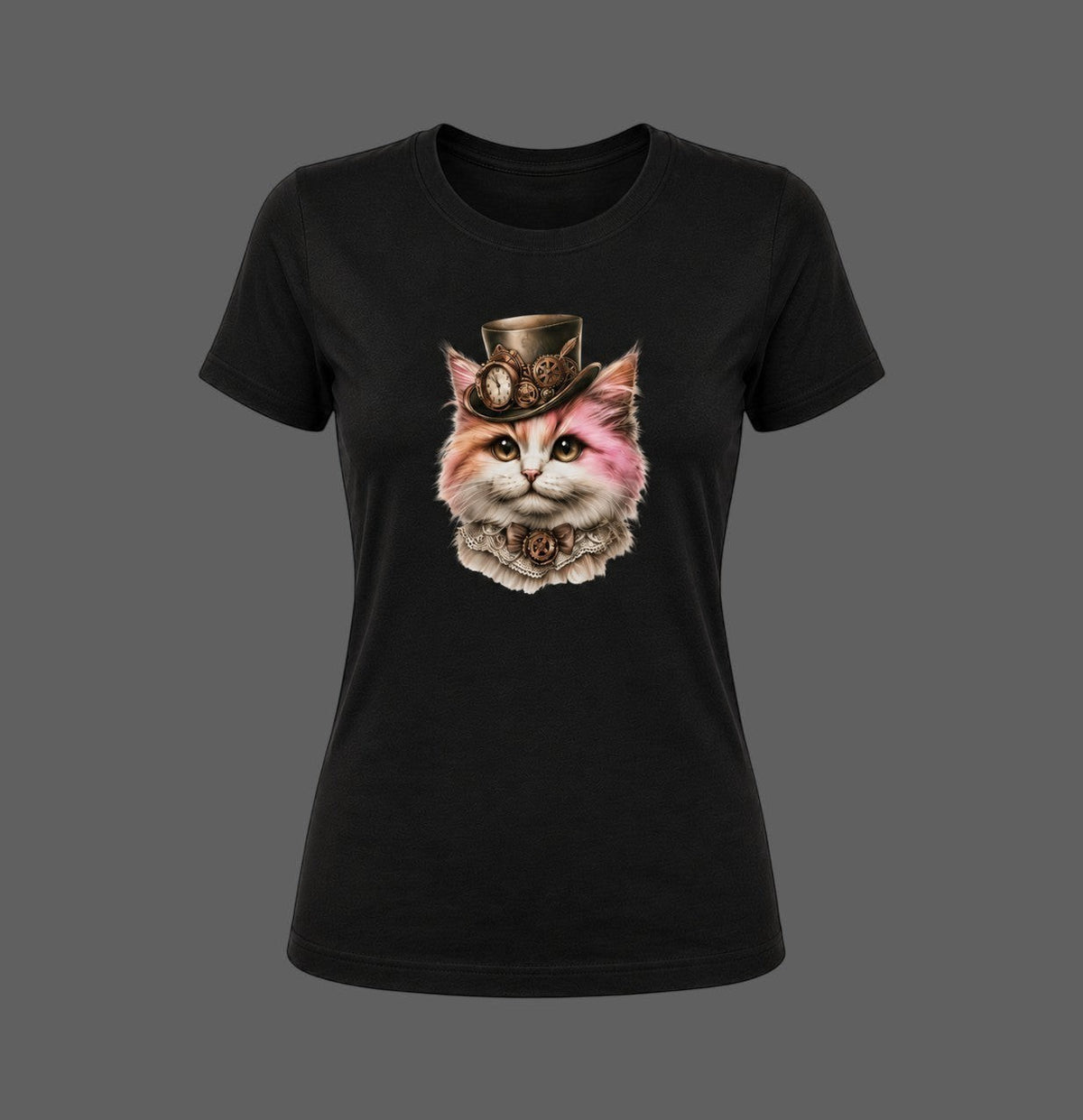 Black fitted women's t-shirt displaying a pink steampunk kitten illustration with vintage clockwork details and a Victorian lace collar.