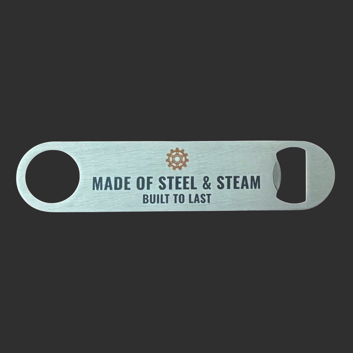 Steampunk bar blade bottle opener with Made of Steel and Steam text and brown gear icon