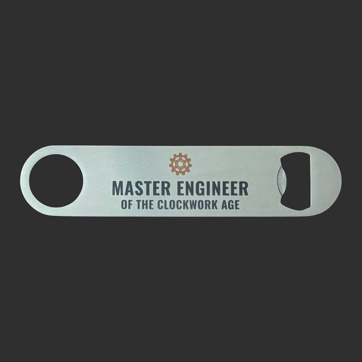 Stainless Steel Bar Blade with Steampunk Cog and Master Engineer Text in black. 