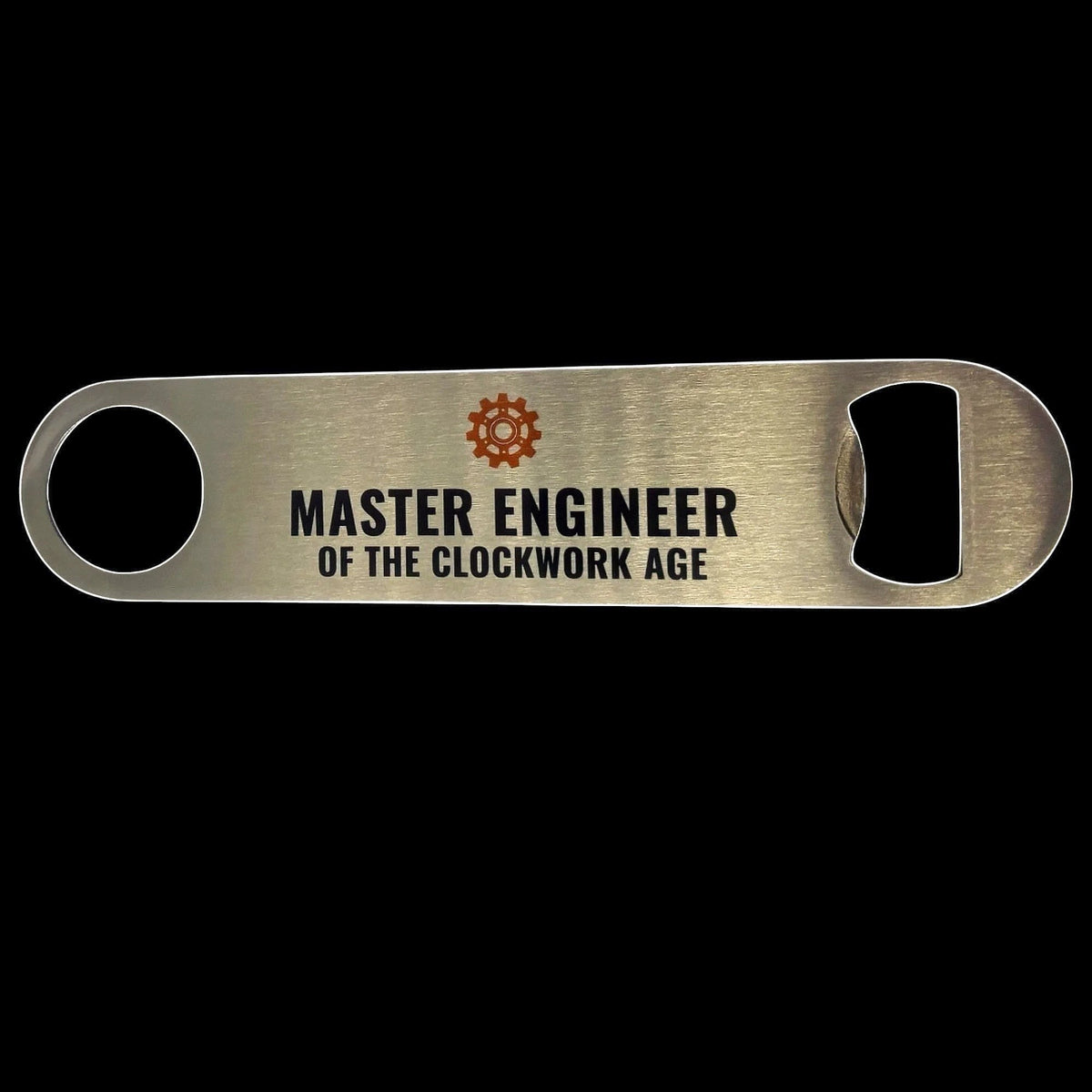 Stainless Steel Bar Blade with Steampunk brown cog and black text set on a black background