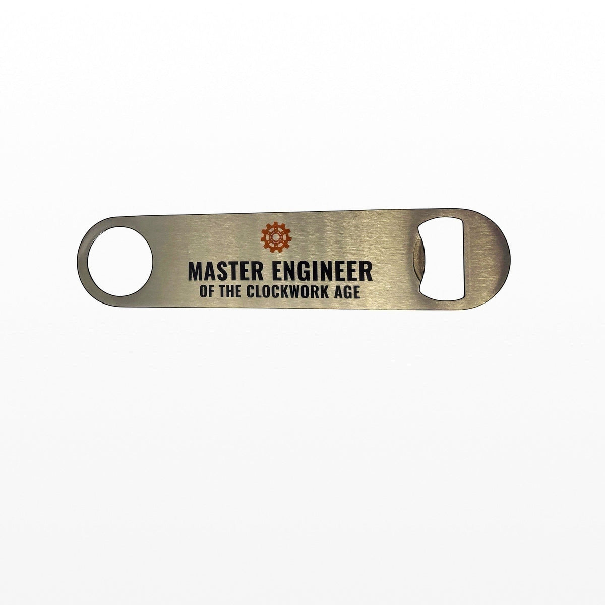 Steampunk bar blade bottle opener with 'Master Engineer of the Clockwork Age' text and brown gear detail.