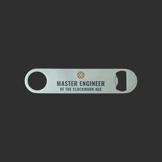 Steampunk bar blade bottle opener with Master Engineer of the Clockwork Age typography and brown cog motif