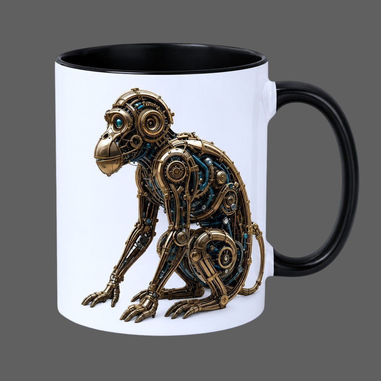 White ceramic mug with a black handle featuring a detailed mechanical steampunk monkey with metallic gear artwork.