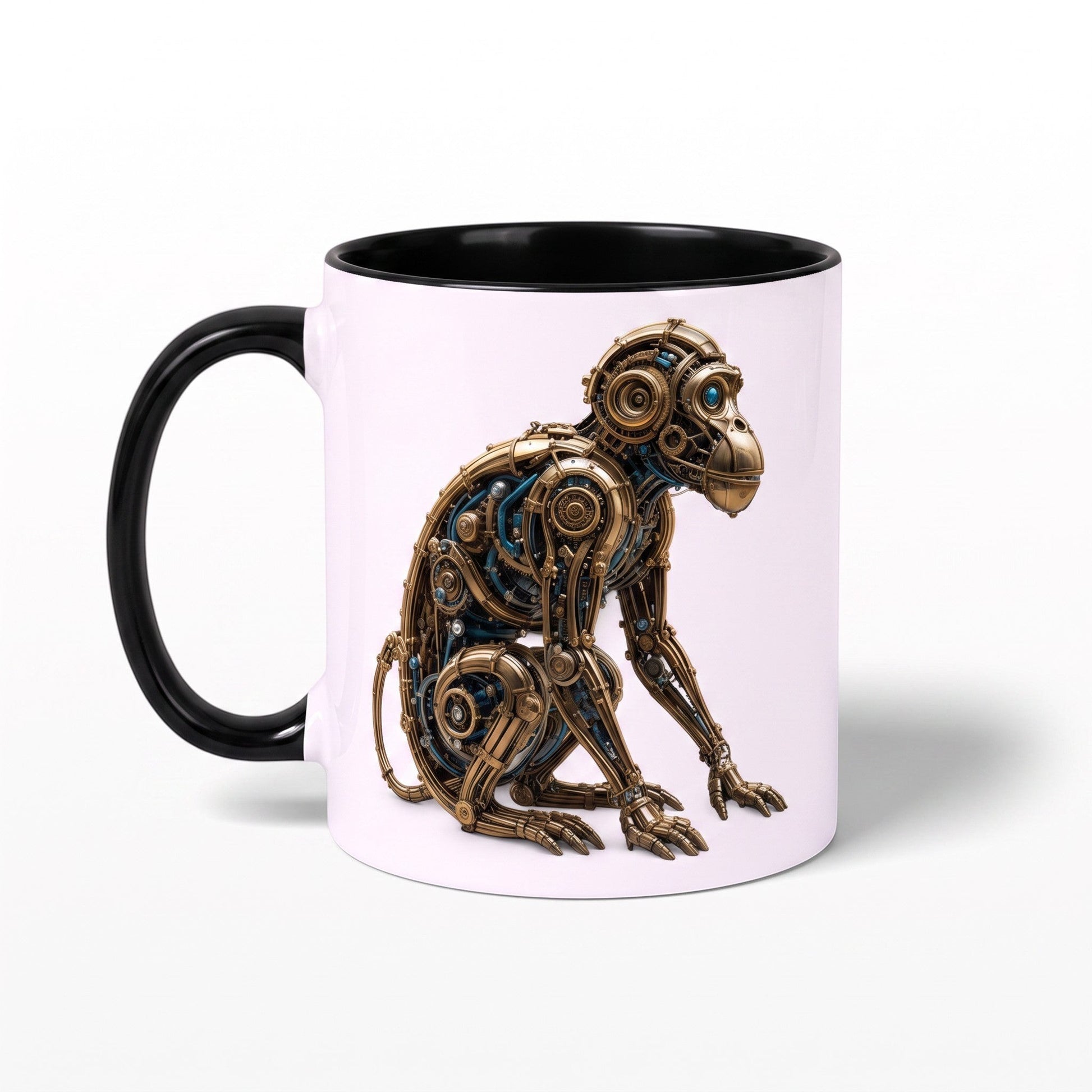 White ceramic mug with a black handle  featuring a detailed bronze and blue mechanical steampunk monkey design.