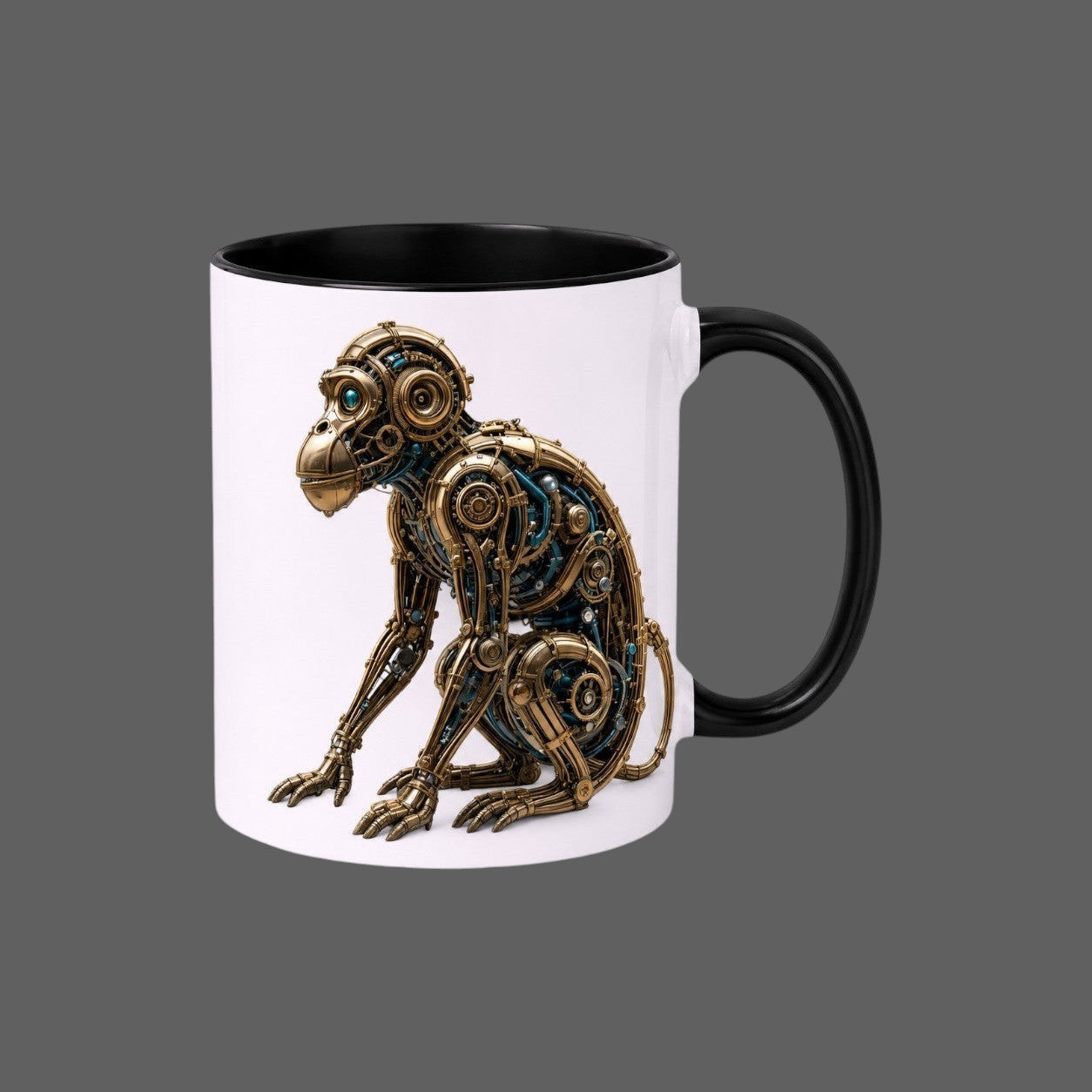 White ceramic mug with a black handle featuring a detailed steampunk mechanical monkey design with metallic gears.