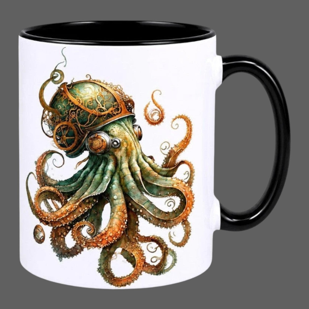 White ceramic mug with a black handle featuring a detailed steampunk octopus with mechanical gears and vintage style