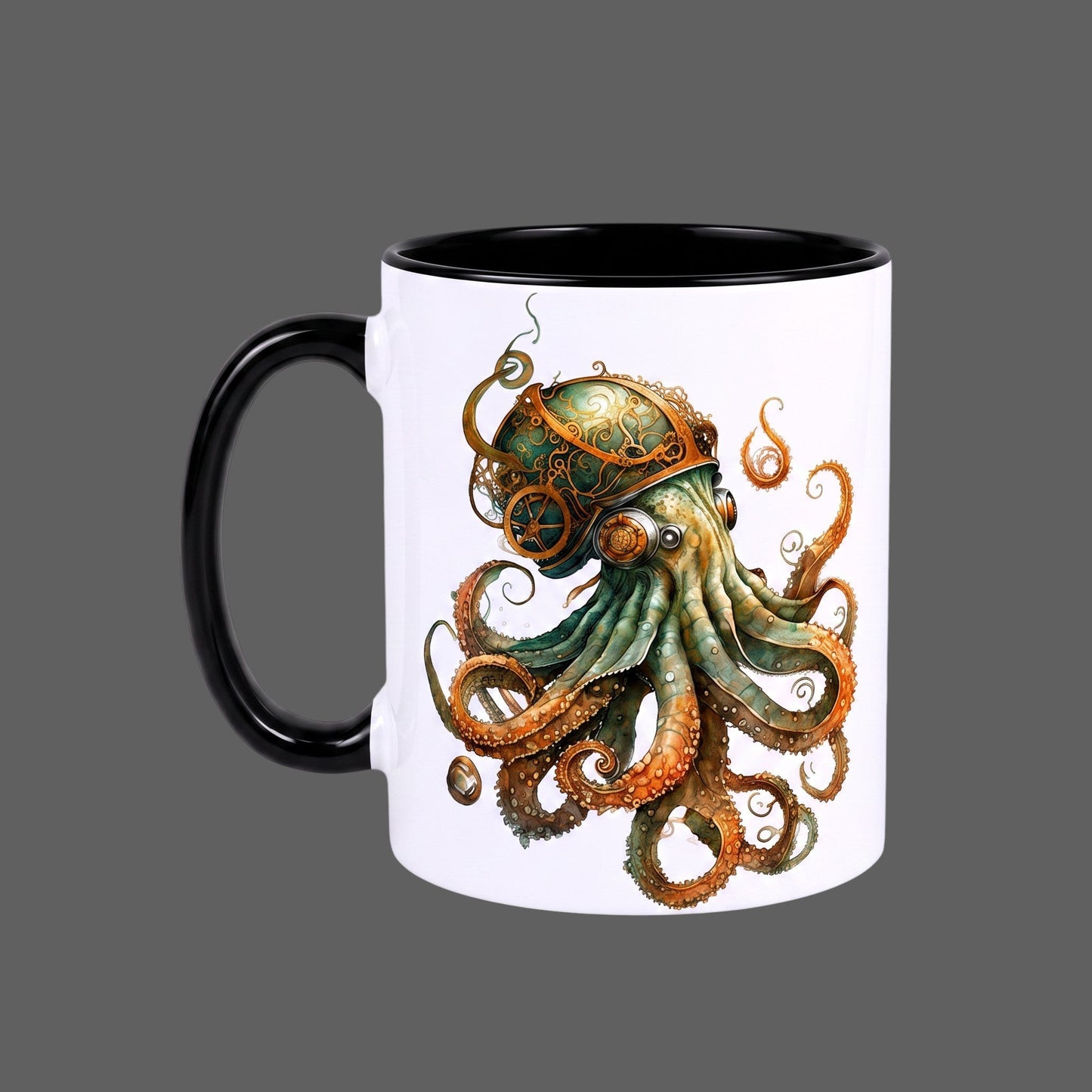 White ceramic mug with a black handle featuring a mechanical steampunk octopus with gears and vintage detailing.