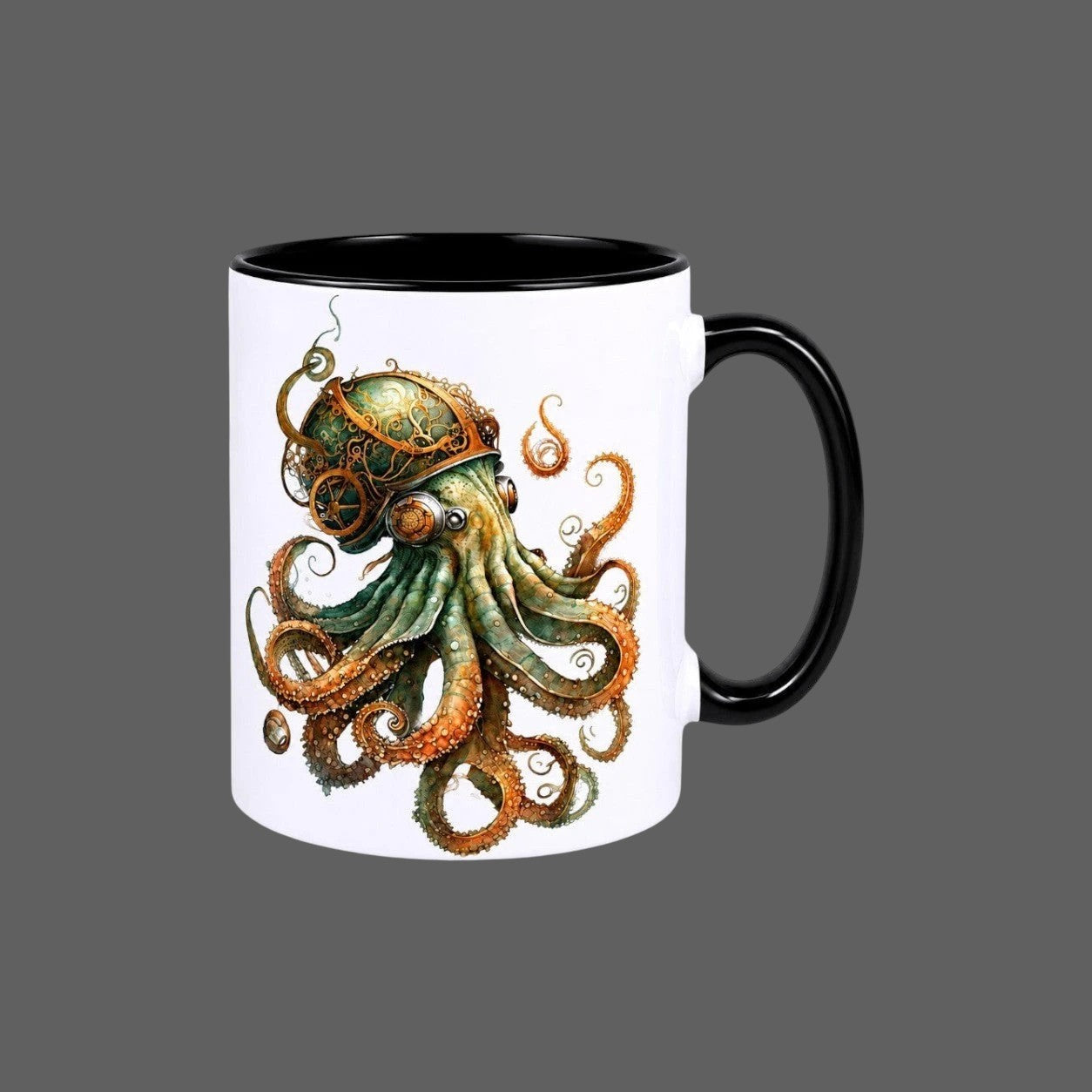 White ceramic mug with a black handle featuring a detailed steampunk mechanical octopus with gears and vintage bronze