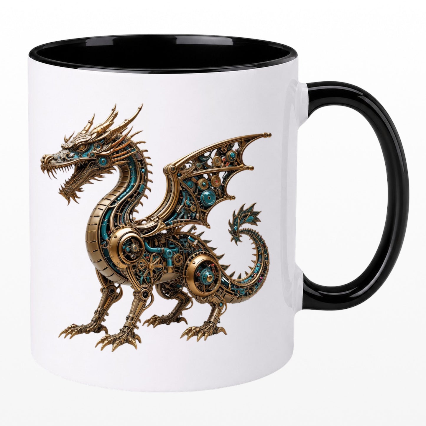 Ceramic mug with a black handle featuring a detailed steampunk clockwork dragon with gears and metalwork.