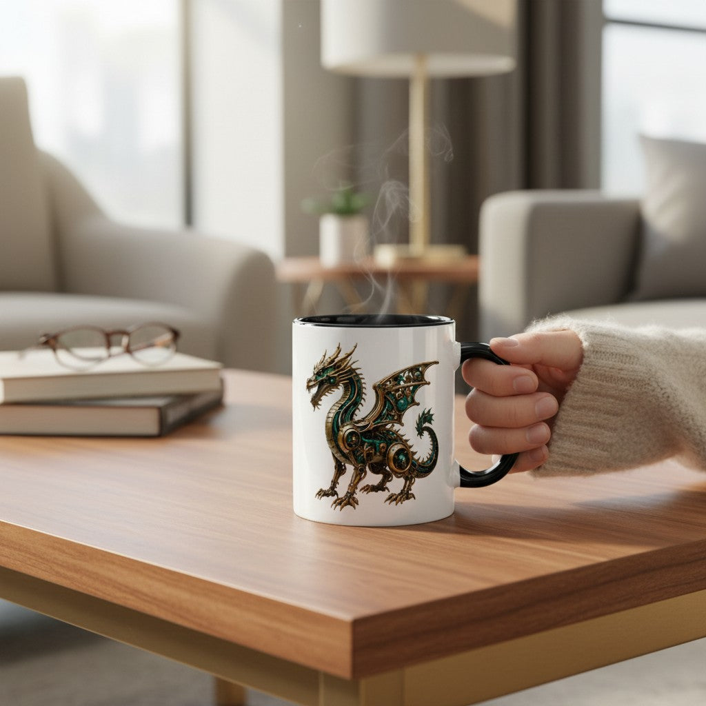 Ceramic mug with steampunk clockwork dragon art, held by a hand in a cozy sweater.