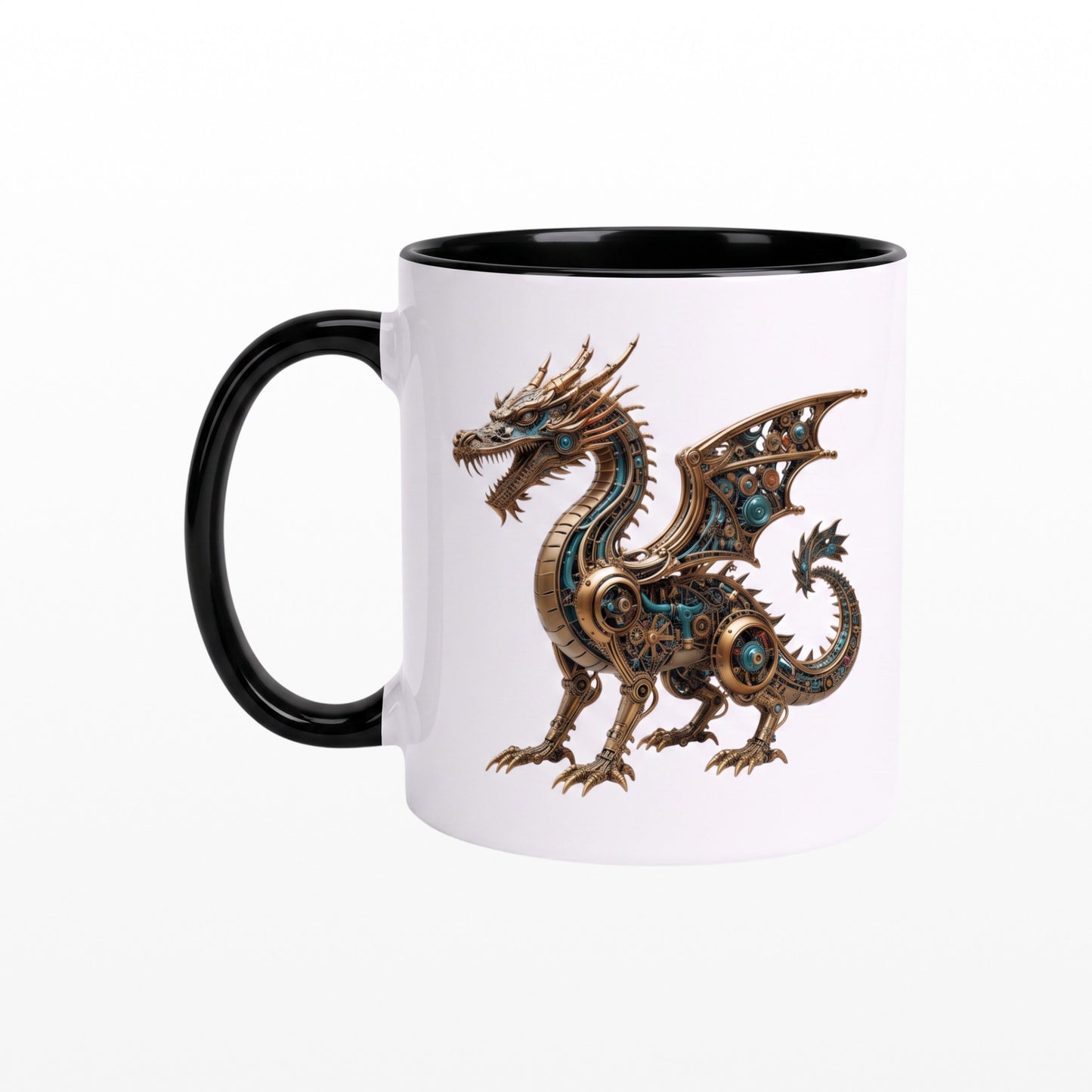Ceramic mug with a black handle featuring a detailed bronze and blue mechanical steampunk dragon design.