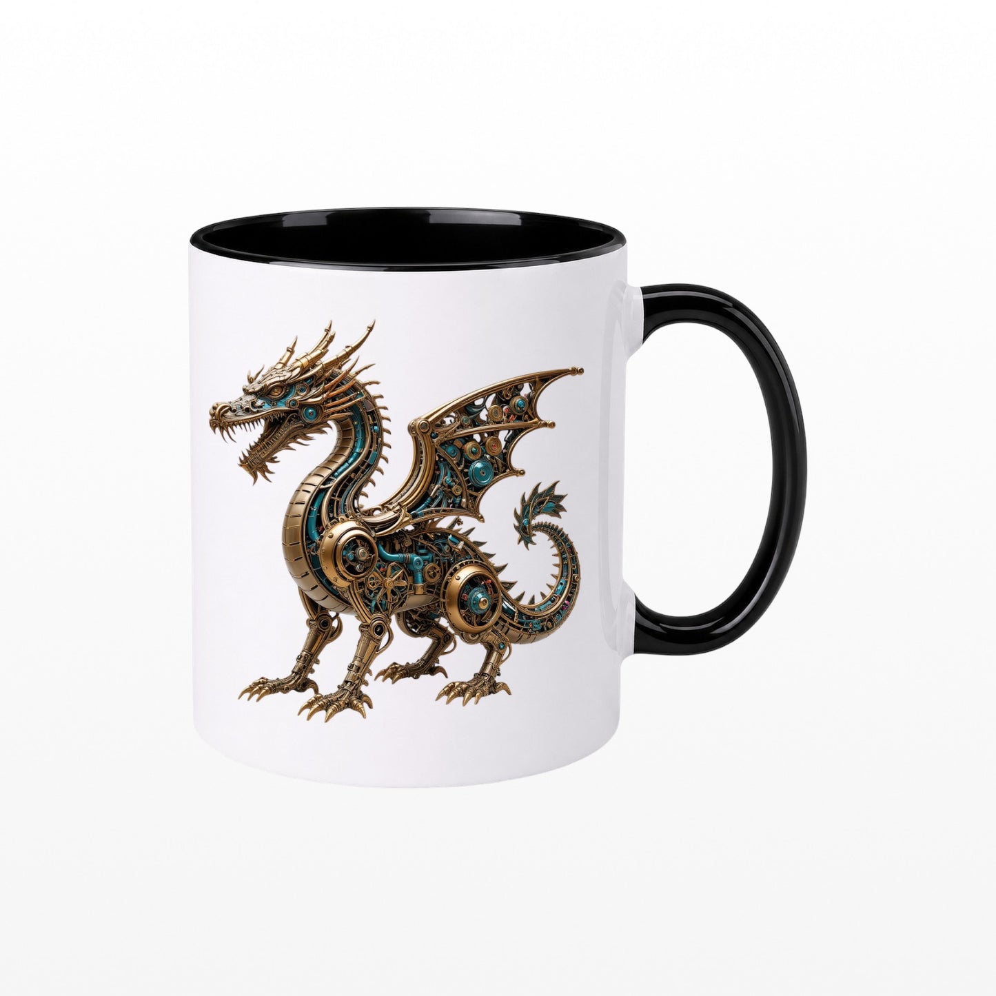 Ceramic mug with a black handle featuring a detailed bronze and teal steampunk clockwork dragon design.