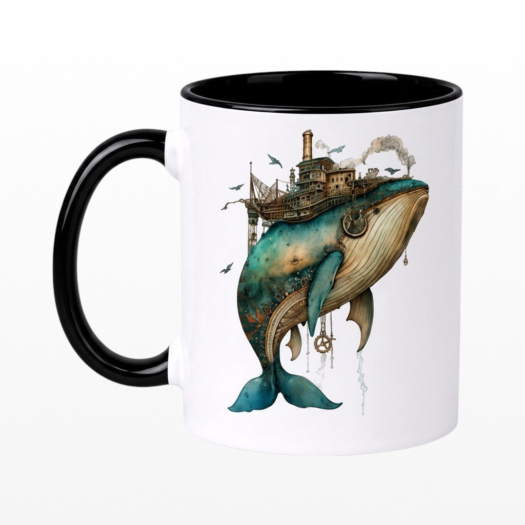 Ceramic mug black handle featuring a teal steampunk whale carrying a mechanical ship with bronze details