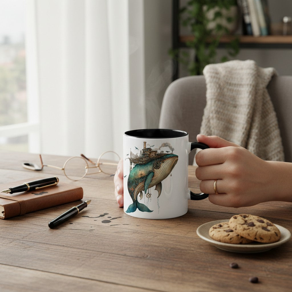 A white ceramic mug with a black handle and interior, featuring a detailed illustration of a whale with a ship on its back, held by a hand over a wooden table with cookies, glasses, and pens nearby.