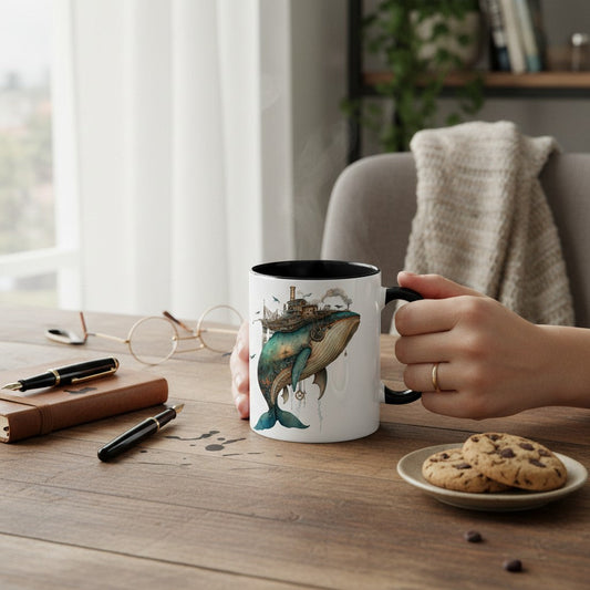 A white ceramic mug with a black handle and interior, featuring a detailed illustration of a whale with a ship on its back, held by a hand over a wooden table with cookies, glasses, and pens nearby.
