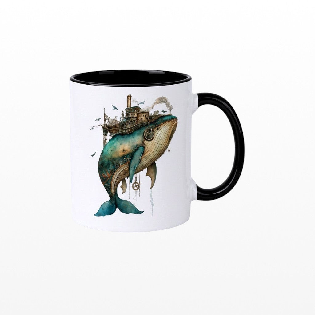 Ceramic mug featuring a teal steampunk whale with a mechanical ship and bronze details.