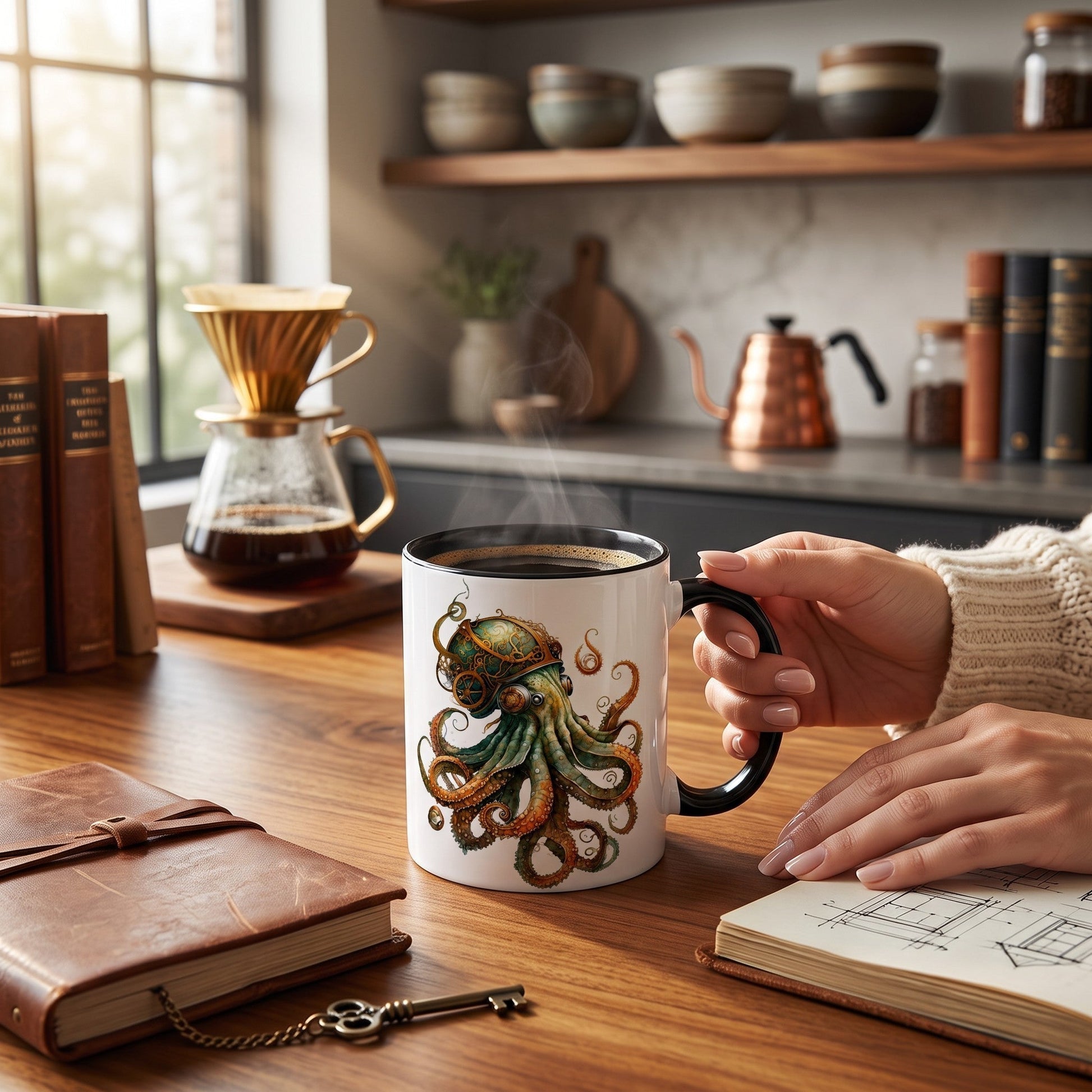 Ceramic mug with black handle  featuring a mechanical octopus with gears on a desk with coffee and books