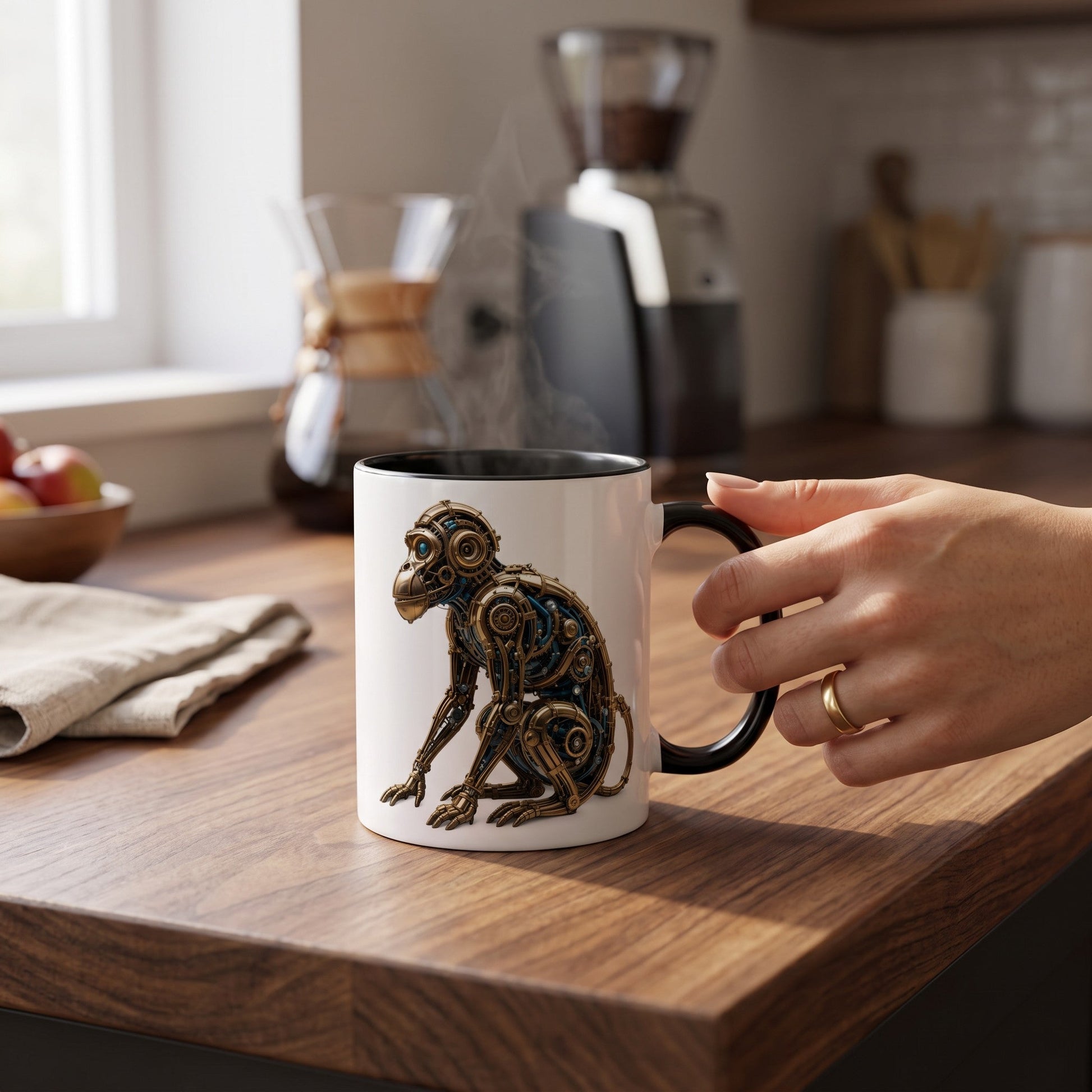 White ceramic mug with a black handle featuring a detailed steampunk mechanical monkey design on a kitchen counter