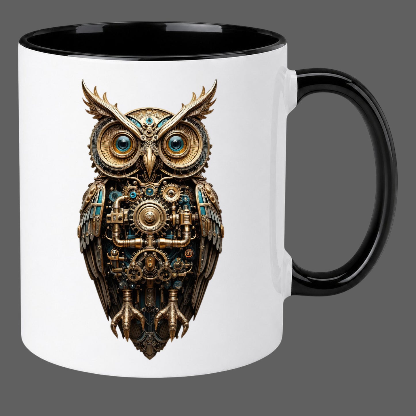 White ceramic mug and black handle featuring a detailed bronze and gold mechanical steampunk owl design