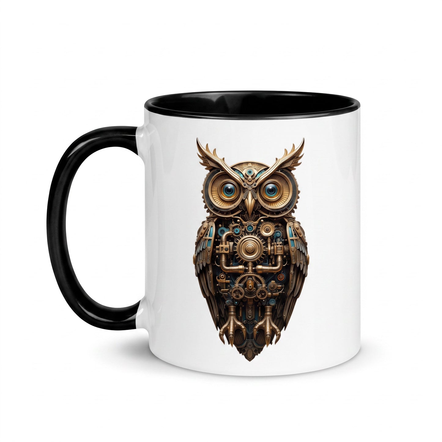 White ceramic mug and black handle featuring a detailed bronze steampunk mechanical owl design with clockwork.